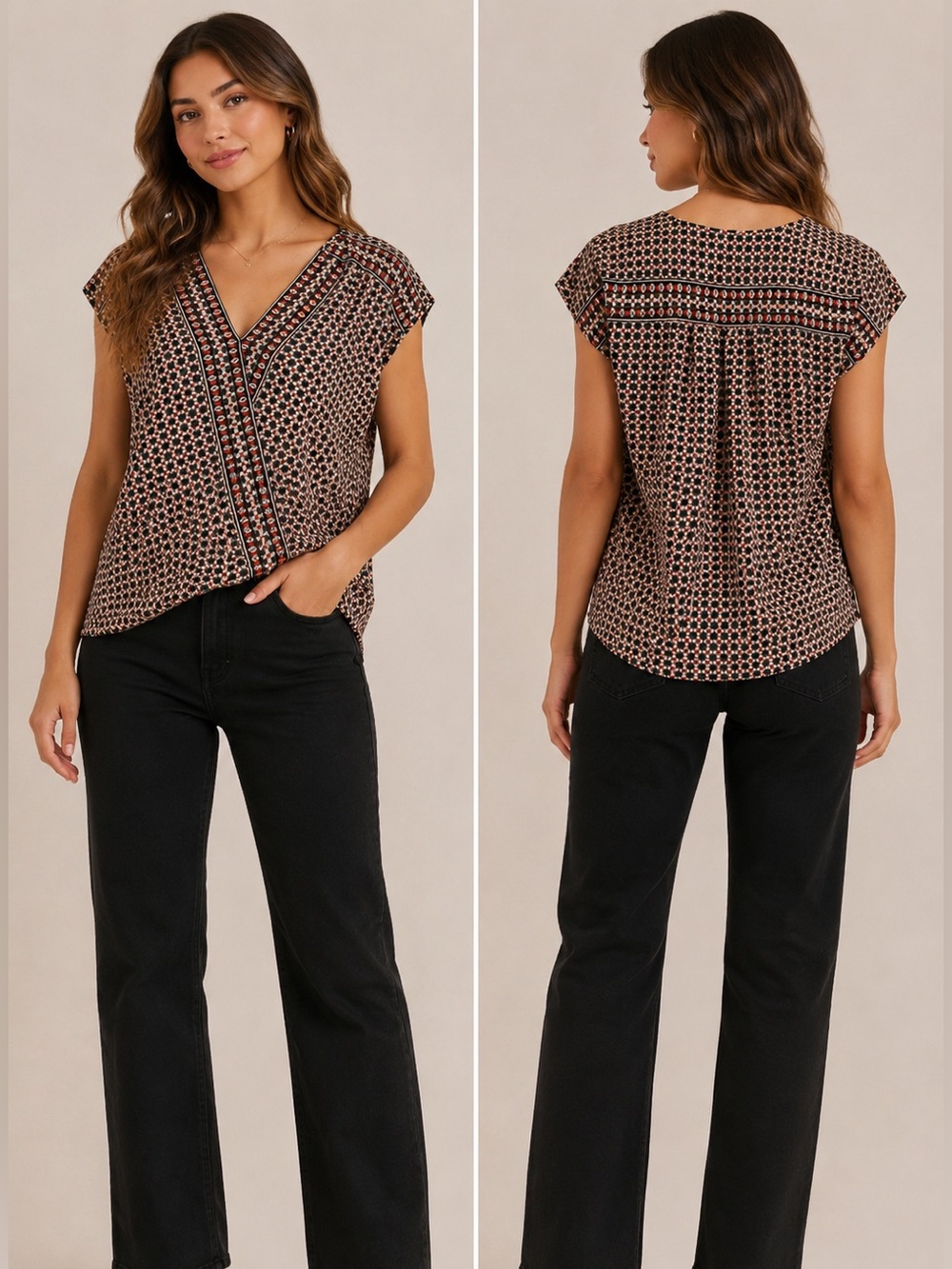 Max Studio Geometric Print Cap-Sleeve V-Neck Top Boho Tribal Western Festival